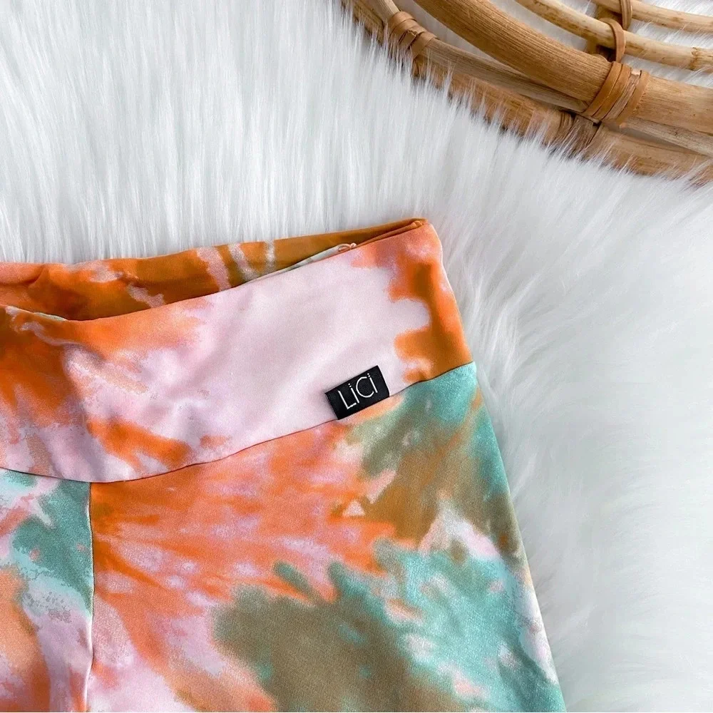 Lici Fit Tie Due Bloom Leggings Multicolored Orange Blue High Waisted Rise S